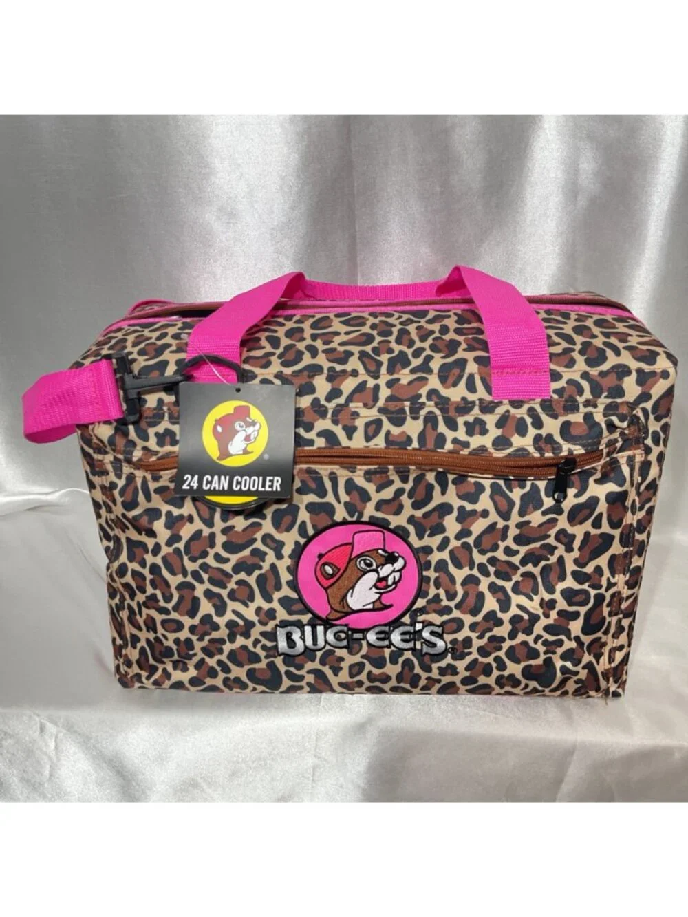 Buc-ees Leopard Print 24-Can Cooler Bag With Pink Handles Insulated Design Zippe - Picture 2 of 9